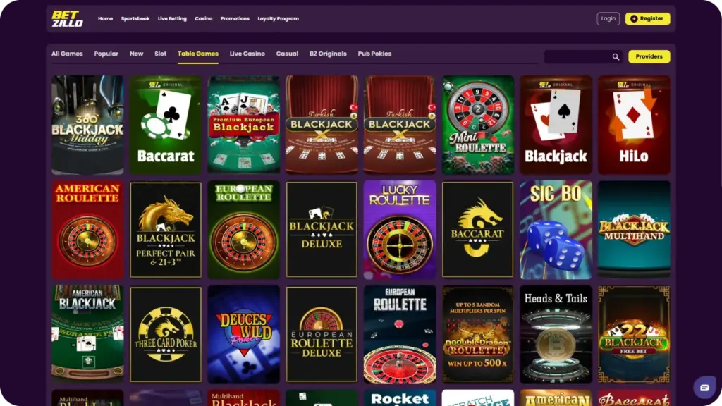 Betzillo Casino table games blackjack roulette